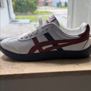 Onitsuka Tiger Women's White Leather Sneakers with Red & Navy Stripes